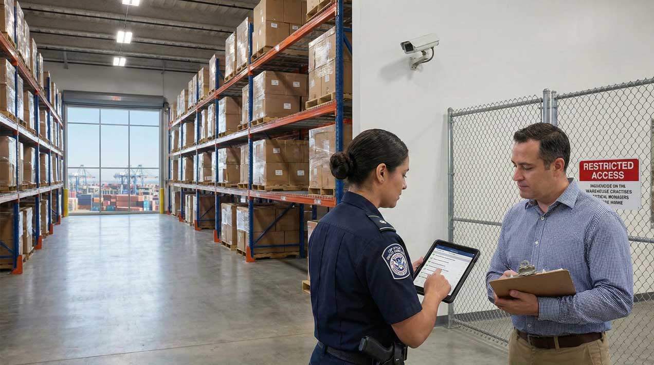 A uniformed US Customs and Border Protection (CBP) officer and a logistics manager review inventory compliance on a tablet inside a secure bonded warehouse, next to a "Restricted Access" cage and surveillance camera, with a shipping port visible in the background.