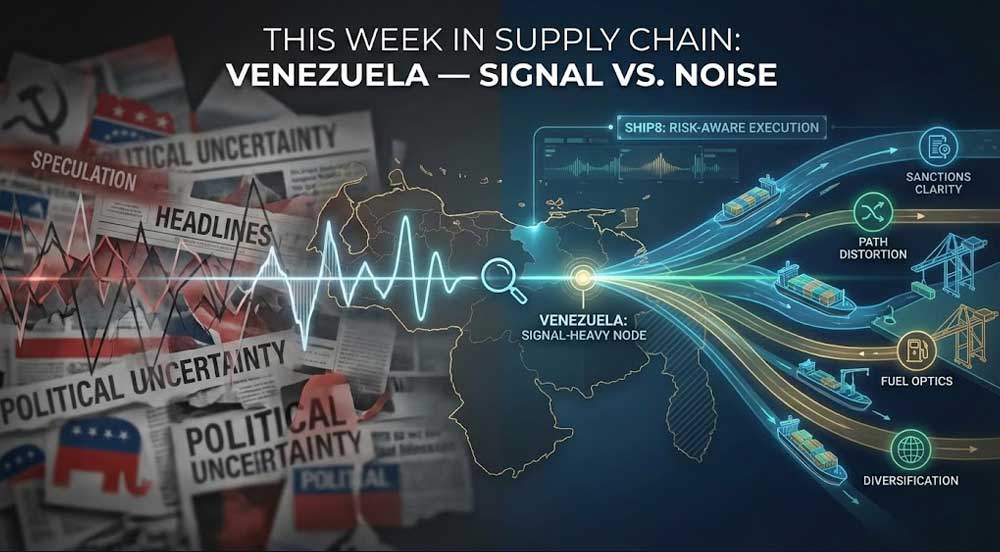 eatured graphic for SHIP8 blog post: "This Week in Supply Chain: Venezuela — Signal vs. Noise," illustrating political uncertainty versus risk-aware logistics strategies.