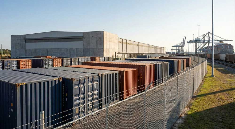 Exterior view of a secure Savannah Customs Bonded Warehouse facility, featuring stacked shipping containers behind a fence with port cranes visible in the background.