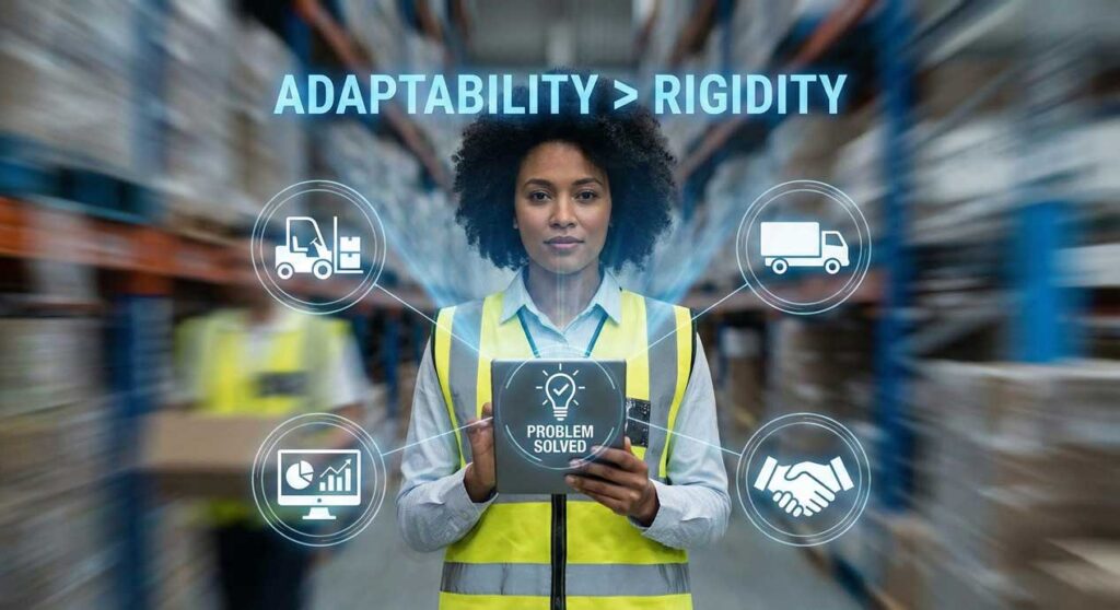 A female supply chain professional in a warehouse setting, holding a tablet displaying "PROBLEM SOLVED". The text "ADAPTABILITY > RIGIDITY" and icons representing logistics functions like transport, data, and partnership are projected around her, emphasizing the need for flexible supply chain skills.