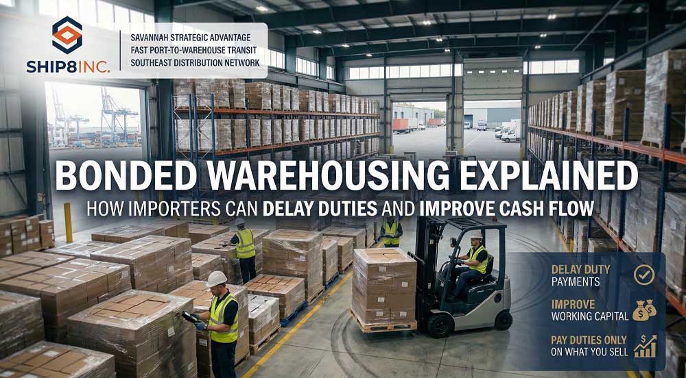 A SHIP8 facility interior illustrating what is a bonded warehouse, featuring a forklift moving pallets and text about delaying duties.