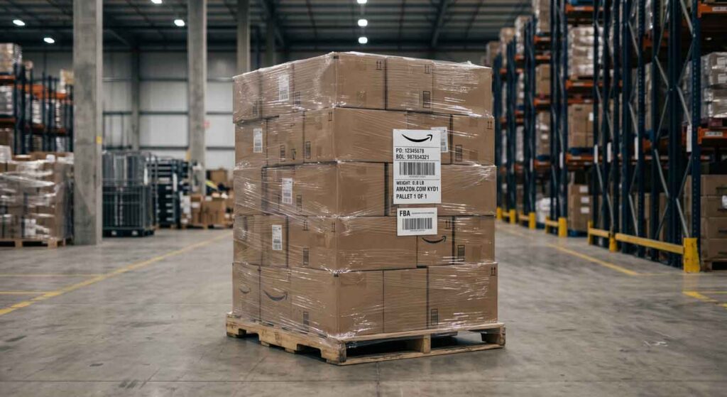 Shrink-wrapped pallets of labeled cartons ready for Amazon FBA shipment