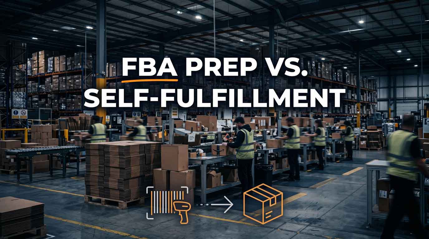 FBA prep warehouse with workers labeling cartons, text reading FBA Prep vs Self-Fulfillment, illustrating Amazon FBA prep requirements decision