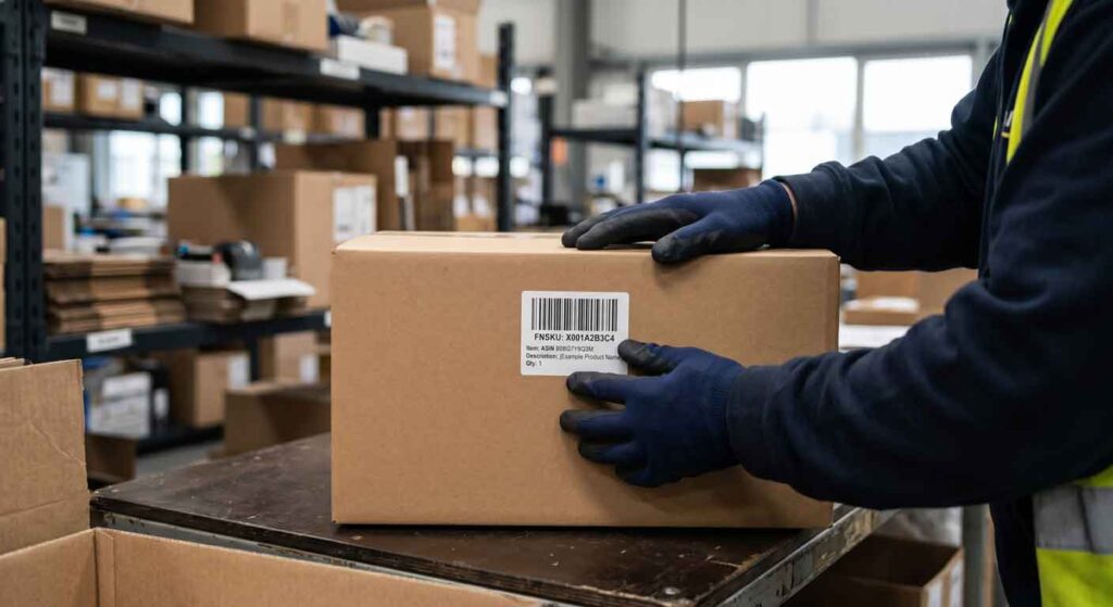 Worker applying FNSKU barcode label to shipping carton for Amazon FBA prep compliance