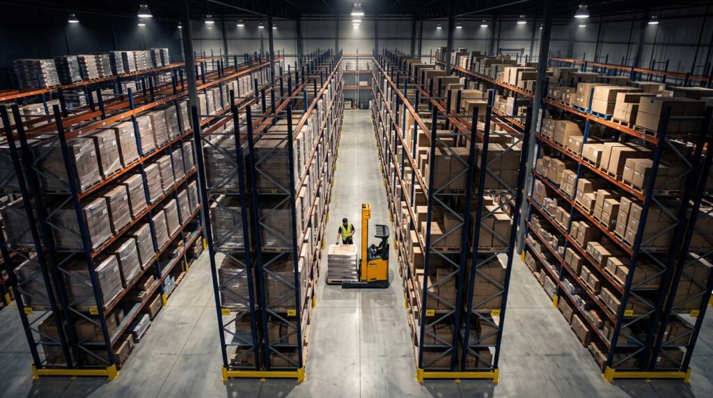 Overhead view of warehouse pallet racking with mixed wholesale and DTC inventory showing single shared inventory pool for dual-channel fulfillment