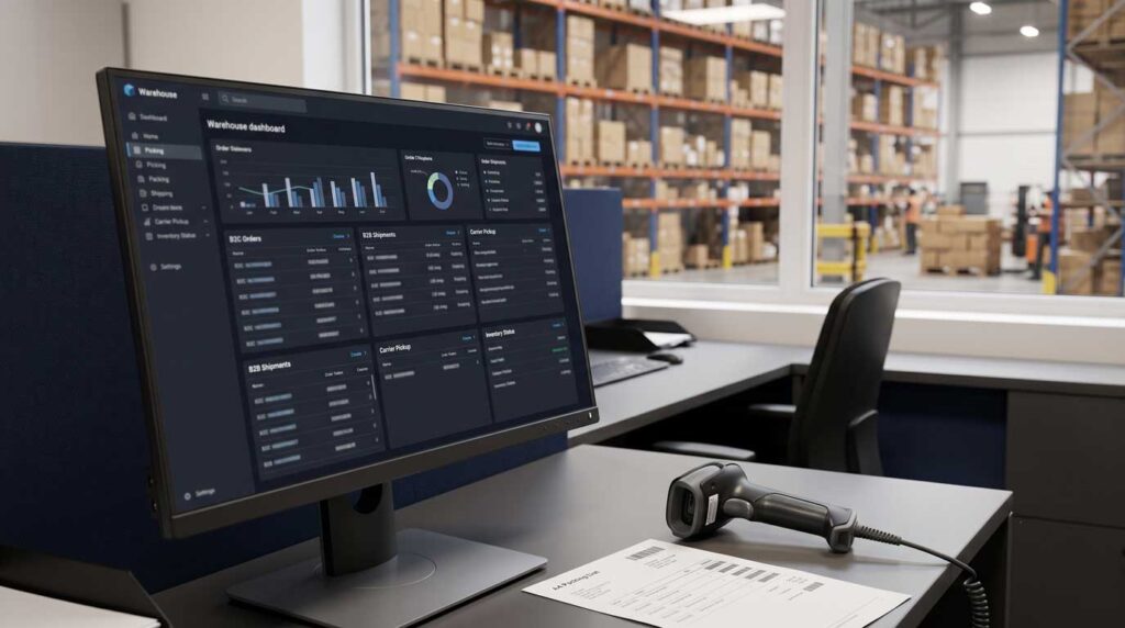 Warehouse workstation with WMS dashboard showing multiple order queues for wholesale and DTC fulfillment management