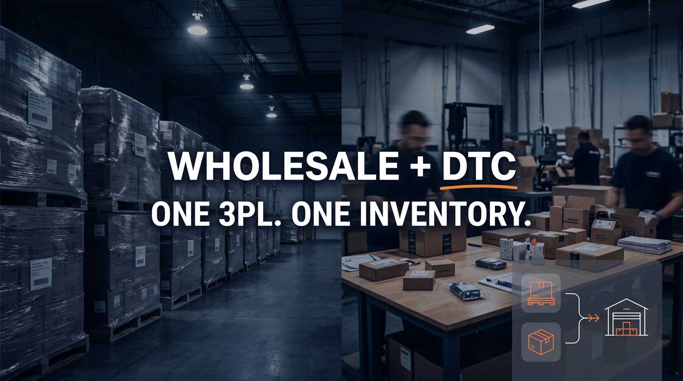 Warehouse showing wholesale pallets and DTC parcel boxes side by side with text reading Wholesale Plus DTC One 3PL One Inventory