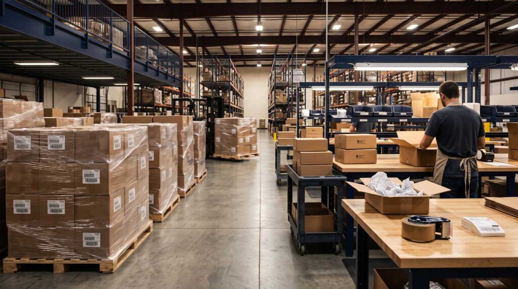 Warehouse showing palletized wholesale fulfillment zone alongside DTC pick-and-pack station, both operating from the same facility