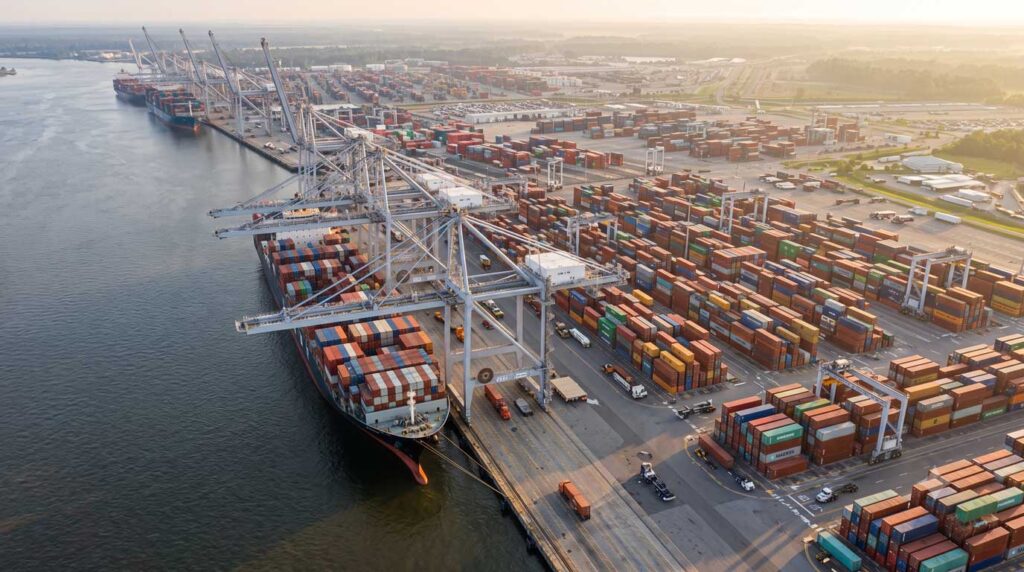 Aerial view of Port of Savannah Garden City Terminal with shipping cranes and stacked containers, one of the busiest container ports on the East Coast