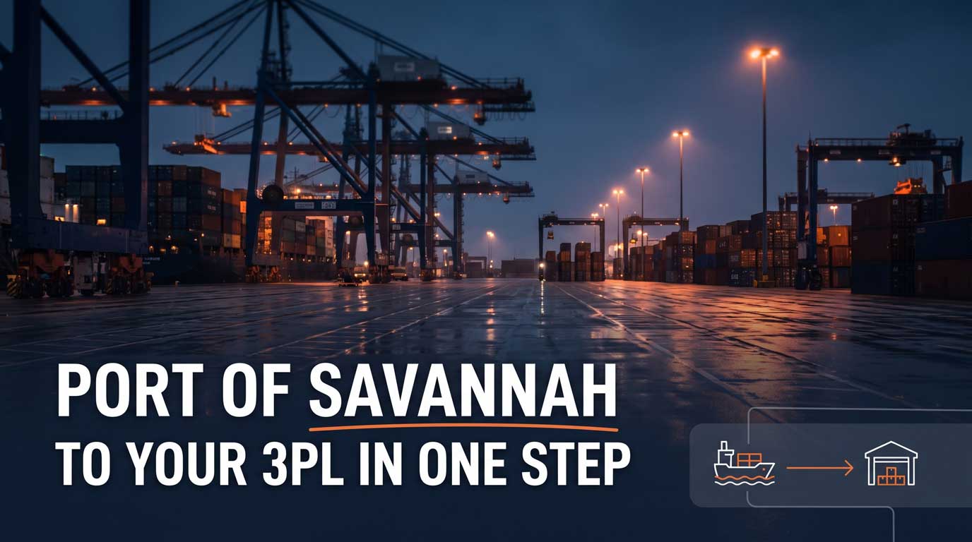Port of Savannah container terminal at dusk with text reading Port of Savannah to Your 3PL in One Step, showing port-to-warehouse drayage route