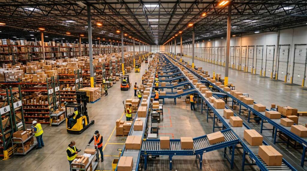Workers picking orders in a 3PL fulfillment center warehouse with pallet racking and conveyor belts