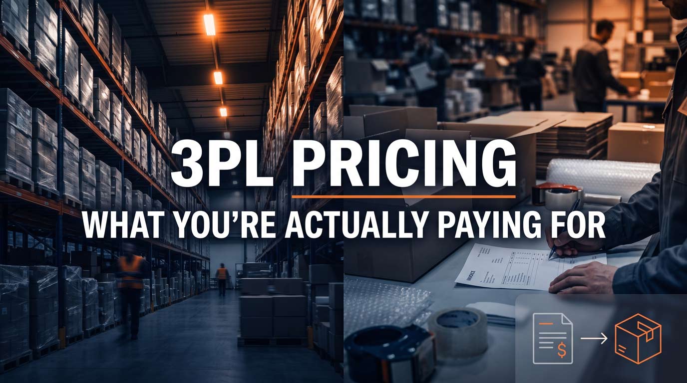 Dark warehouse interior with text overlay "3PL Pricing: What You're Actually Paying For," illustrating fulfillment cost breakdown