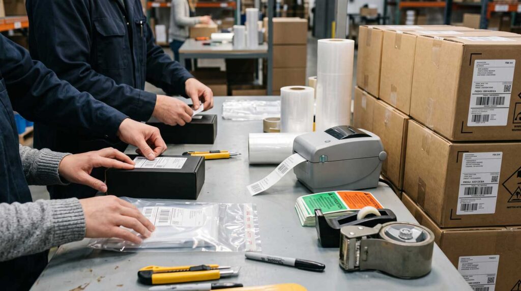 Warehouse workers applying FNSKU labels and poly-bagging units at FBA prep table with organized prep supplies and labeled cartons