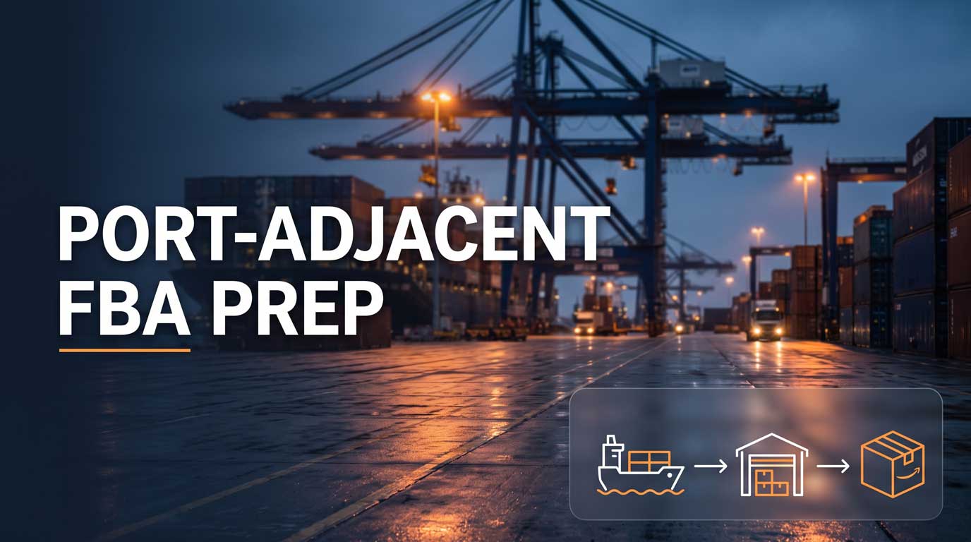 Port of Savannah container terminal at dusk with text reading Port-Adjacent FBA Prep, showing short route from port to prep center to Amazon fulfillment