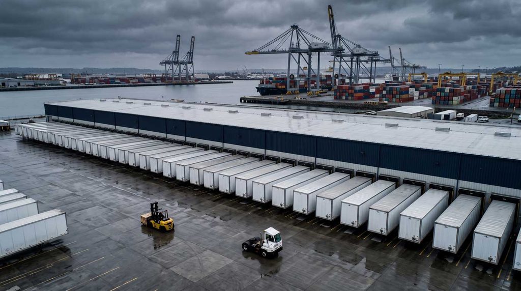 Port-adjacent transload facility with domestic 53-foot trailers staged at dock doors and port crane infrastructure visible in background