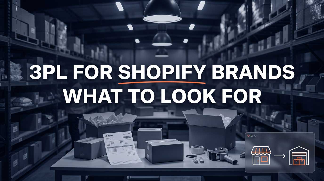 Ecommerce fulfillment warehouse with branded Shopify order packaging at pick-and-pack table with text reading 3PL for Shopify Brands What to Look For